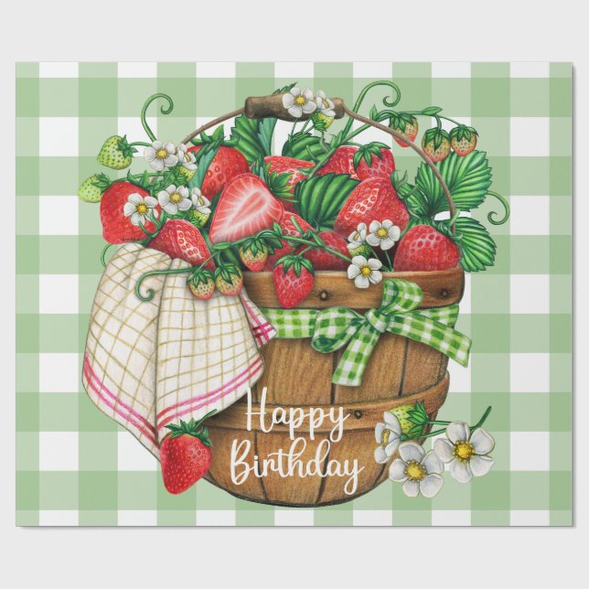 Papel De Presente Feliz aniversário Rustic Strawberry Fruta Basket (Aberto)
