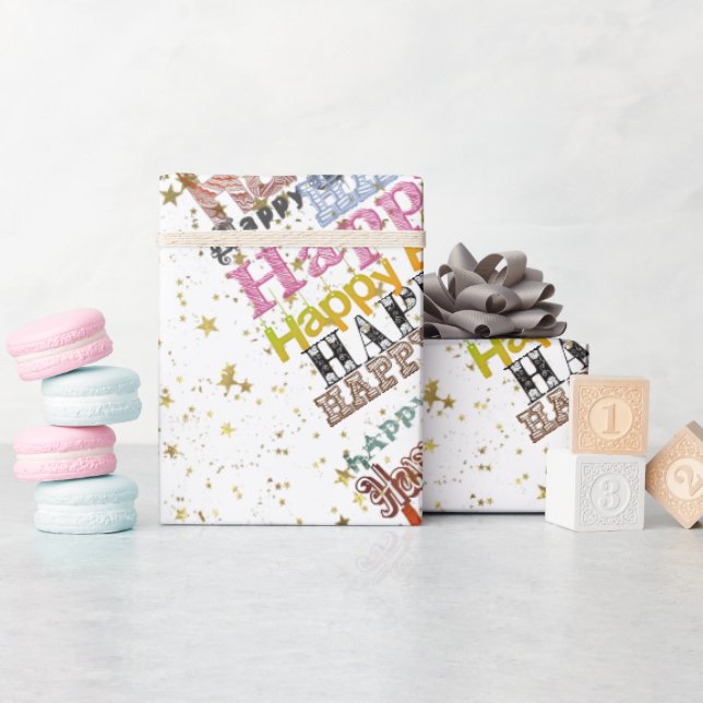 Papel De Presente Feliz Aniversário Script Estrelas Douradas Arco-ír (Chá de bebê)