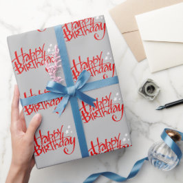 Papel De Presente Feliz Aniversário Vermelho em Cinza