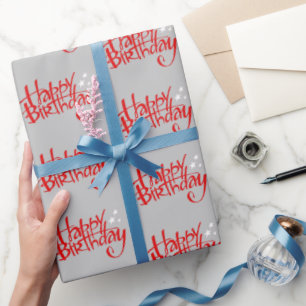 Papel De Presente Feliz Aniversário Vermelho em Cinza