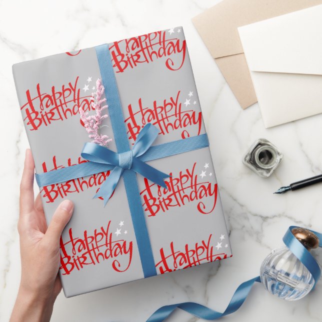 Papel De Presente Feliz Aniversário Vermelho em Cinza (Presentear)