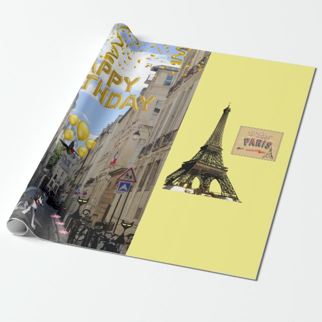 Papel De Presente Feliz Aniversário Wrappaper Paris França (Desenrolado)