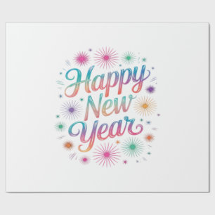 Papel De Presente Feliz Ano Novo 2026 Fogos de Artifício Essencial