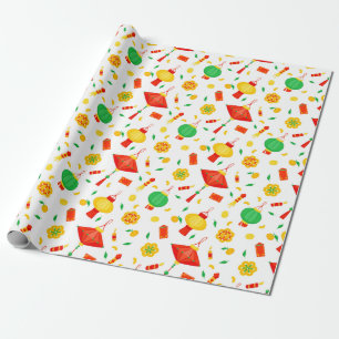 Papel De Presente Feliz Ano Novo Chinês Padrão de Lanterna Tradicion