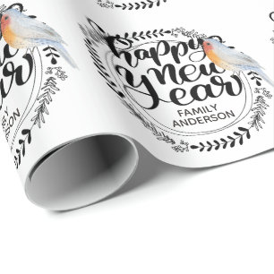 Papel De Presente FELIZ ANO NOVO Festivo Winter Robin Personalizado