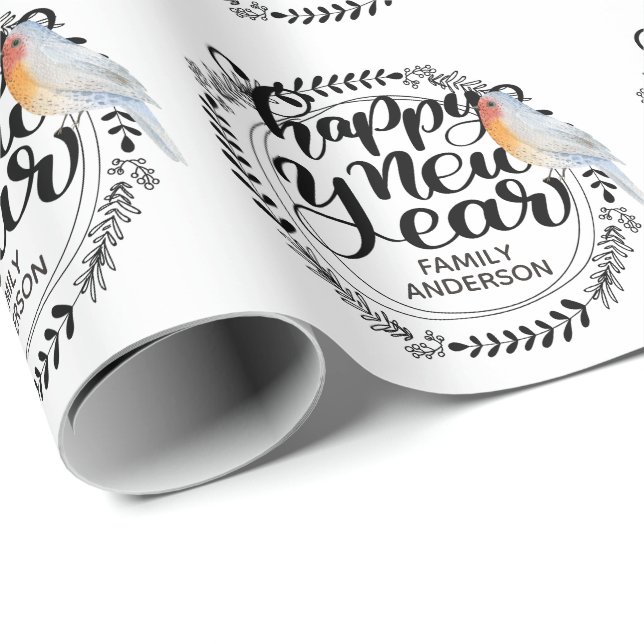 Papel De Presente FELIZ ANO NOVO Festivo Winter Robin Personalizado (Ponta do rolo)