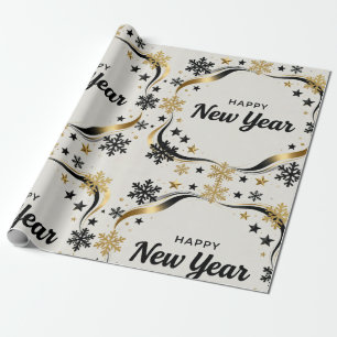Papel De Presente Feliz Ano Novo Floco de Neve Preto e Dourado