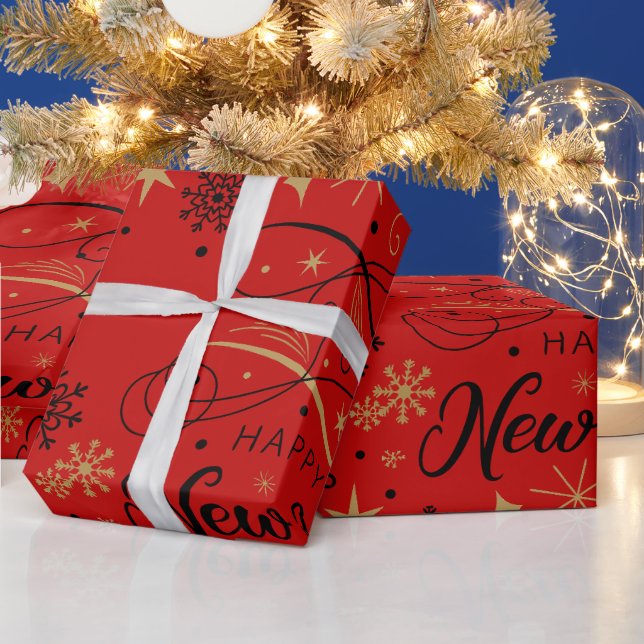 Papel De Presente Feliz Ano Novo Floco de Neve Preto e Dourado (Feriados)