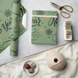 Papel De Presente Feliz Ano Novo Floco de Neve Preto e Dourado