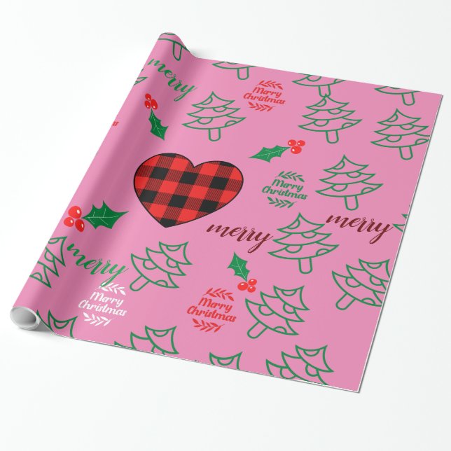 Papel De Presente Feliz Árvore de Natal Rosa (Desenrolado)