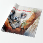 Papel De Presente Feliz Aussie Christmas Koala<br><div class="desc">Uma Feliz de Natal Aussie com uma coala aquática sentada numa goma de goma Este coala pelido é um nativo da Austrália que são facilmente reconhecíveis pelo seu corpo escondido,  sem caudas e cabeça grande,  com orelhas redondas,  fofinhas e nariz grande e em forma de colher.</div>