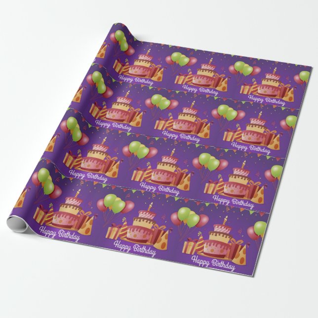 Papel De Presente Feliz Bolo De Aniversário E Presentes (Desenrolado)