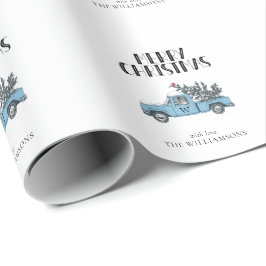 Papel De Presente Feliz Caminhão de Natal e Monograma de Árvore