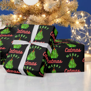 Papel De Presente Feliz Catmas Divertido Padrão de Árvore de Natal p