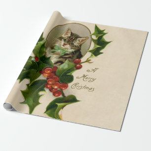Papel De Presente Feliz de Natal Holly Kitten Arte Antiquada