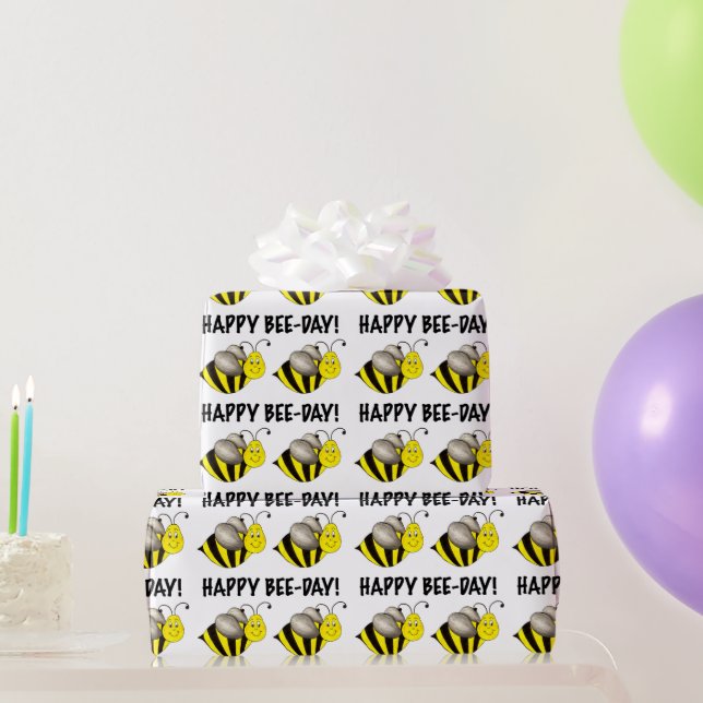 Papel De Presente Feliz Dia da Abelha Bday Black Yellow Bumblebee Bi (Presentes para festas)