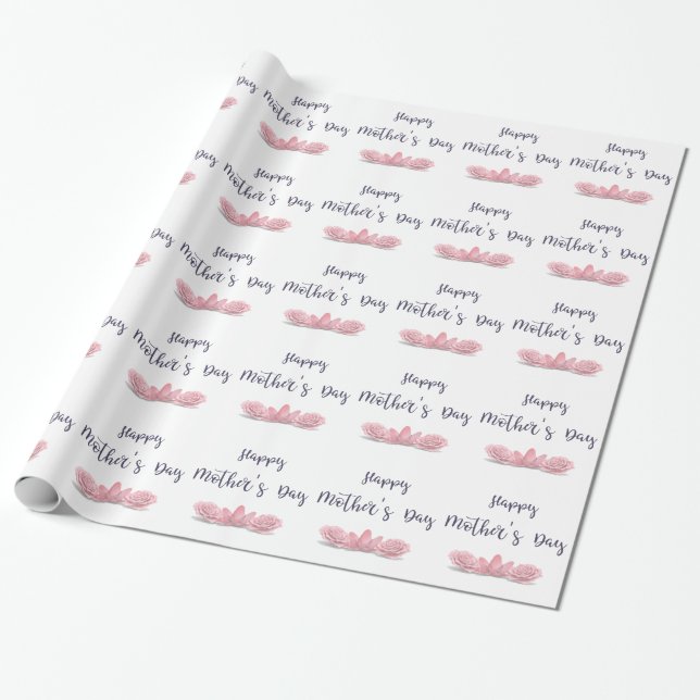 Papel De Presente Feliz Dia das Mães com Flores Rosa (Desenrolado)