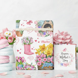 Papel De Presente Feliz Dia das Mães Floral Padrão Primavera