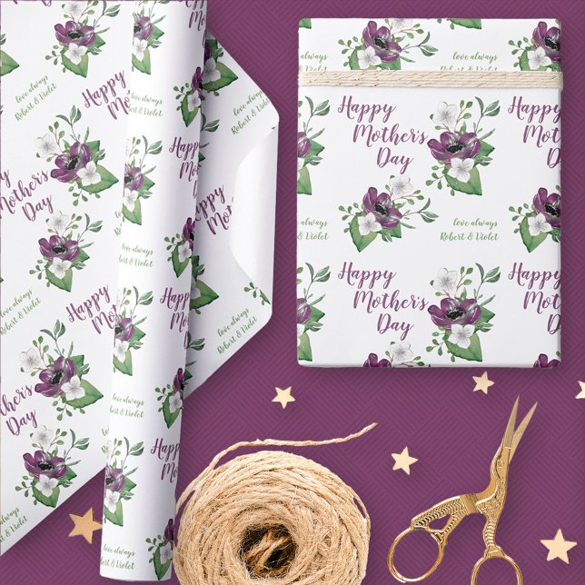 Papel De Presente Feliz dia de as mães - Floral Personalizado De Aqu (Mothers Day floral gift wrapping paper)