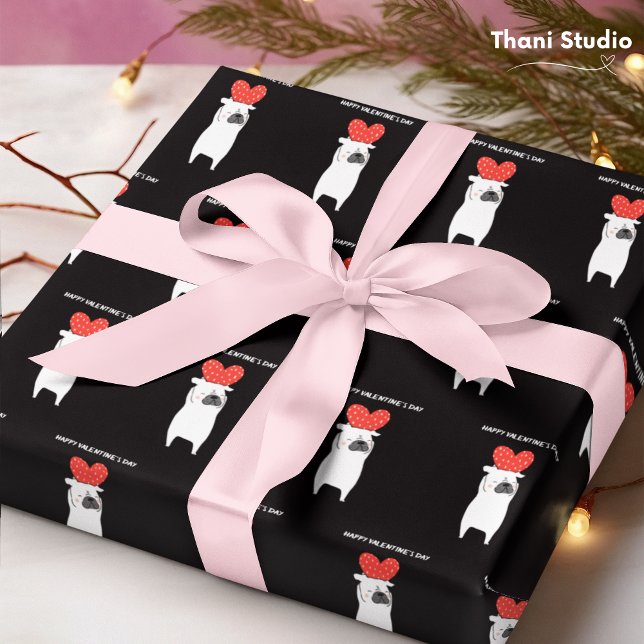 Papel De Presente Feliz dia de os namorados Cute Pug & Red Heart Bla (Criador carregado)