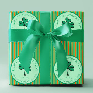 Papel De Presente Feliz Dia de São Patrício Verde e Crianças Laranja