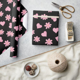 Papel De Presente Feliz dia dos namorados Corações Preto e Rosa Flor