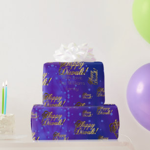 Papel De Presente Feliz Diwali Elegante Faux Dourado Script Blue Pur
