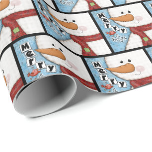 Papel De Presente Feliz e Bright Christmas Snowman e Red Bird