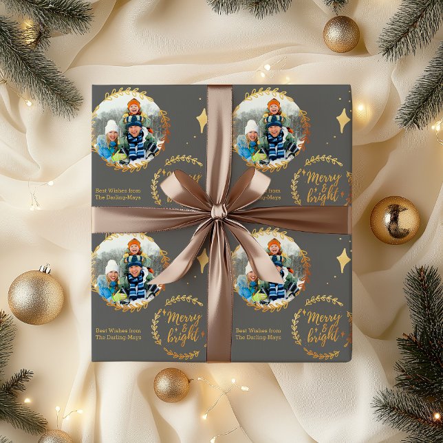 Papel De Presente Feliz e brilho com fotografia personalizada - Dour (Photo christmas wrapping paper - Merry & Bright)