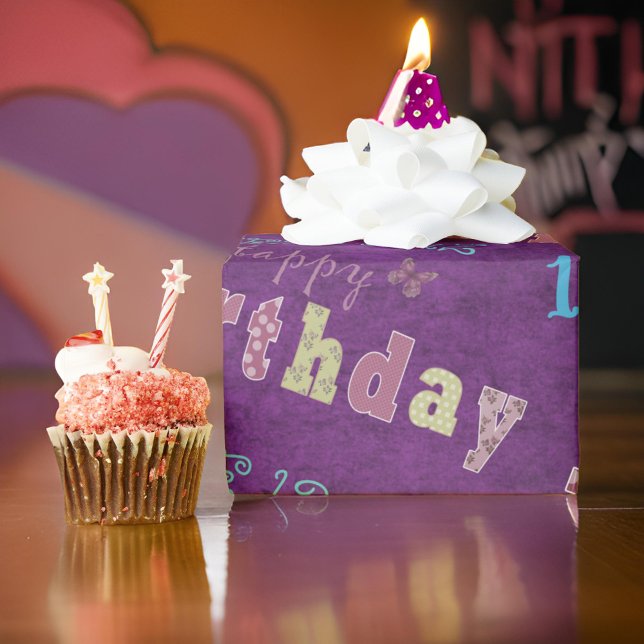 Papel De Presente Feliz e Fofo 12º Aniversário Roxo Azul (Criador carregado)