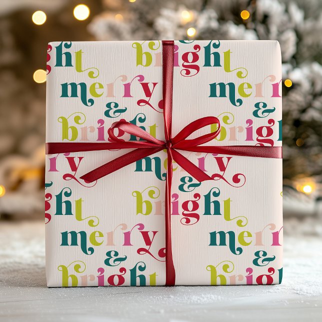 Papel De Presente Feliz e Natal Brilhante com vários cores (Multi Colored Modern Merry & Bright Christmas Wrapping Paper)