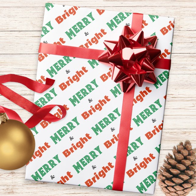 Papel De Presente Feliz e Texto Brilhante Vermelho Verde Padrão (Festive Christmas gift wrapping paper, patterned with green and red 'Merry and Bright' words)