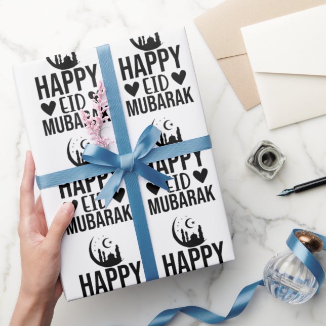 Papel De Presente Feliz Eid Mubarak Crescent Mesquita Black White (Presentear)