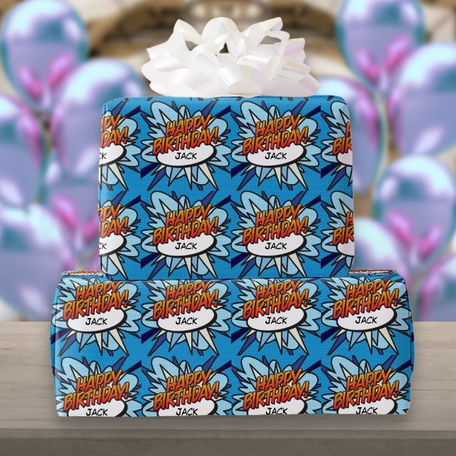 Papel De Presente FELIZ FELIZ BIRTHDAY Pop Art (Personalised HAPPY BIRTHDAY Comic Book Pop Art Wrapping Paper)