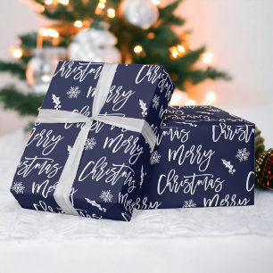 Papel De Presente Feliz floco de neve de Natal padrão azul-negro