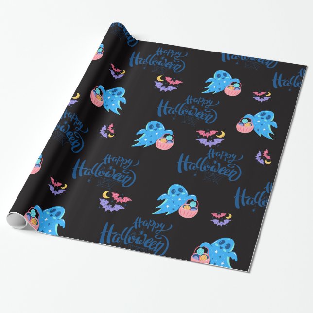 Papel De Presente Feliz Halloween Fantasmas bonitos com doces (Desenrolado)
