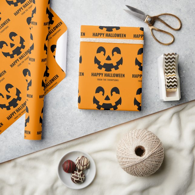 Papel De Presente Feliz Halloween Rosto de Abóbora com Texto (Artesanato)