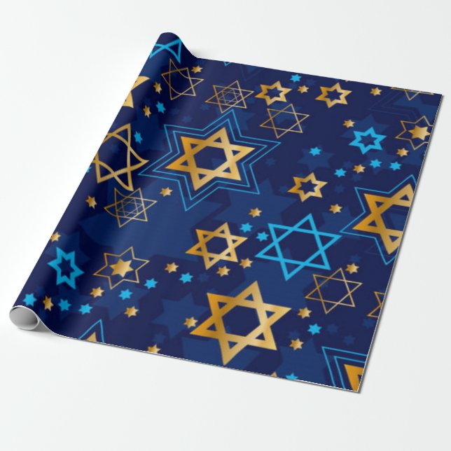 Papel De Presente Feliz Hanukkah Blue Star de David Menorah (Desenrolado)