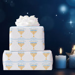 Papel De Presente Feliz Hanukkah Cute Personalizável Menorah<br><div class="desc">Feliz Hanukkah,  personalizado e bonito,  embrulhando papel para uma família judaica,  tendo uma festa Chanukah com uma sinagoga. Personalize com seu próprio sobrenome ou informações de grupo em azul sob a bonito menorah azul e dourada.</div>