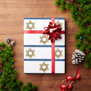 Papel De Presente Feliz Hanukkah, Estrela Dourada de David White Blu