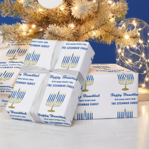 Papel De Presente Feliz Hanukkah Menorá Branco Azul Dourado Sobrenom