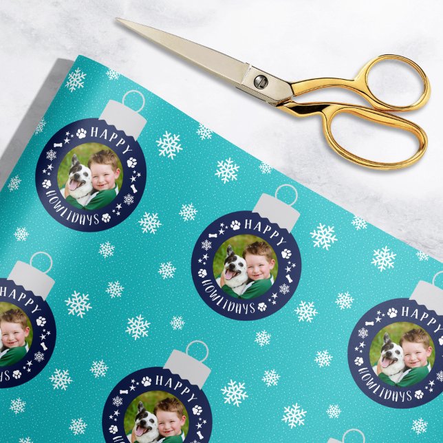 Papel De Presente Feliz Howlidays Foto Personalizada de Cão Turquesa (Criador carregado)
