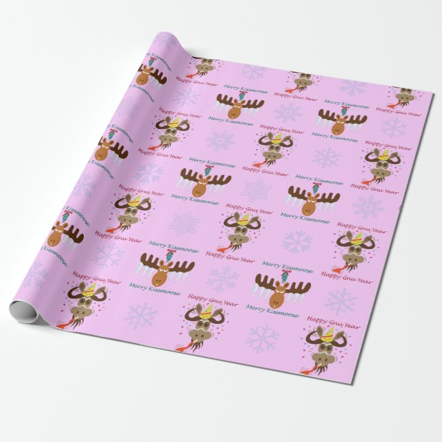 Papel De Presente Feliz Kissmoose_Happy Gnu Year, padrão_rosa (Desenrolado)