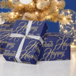 Papel De Presente Feliz marinho Hanukkah dourado moderno roteiro ele<br><div class="desc">Feliz Hanukkah faux gold e marinho azul moderno e modelo elegante de script Wrapping Paper. Padrão de tipografia de script dourado em fundo azul-marinho.</div>