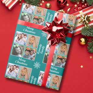 Papel De Presente Feliz Natal 4 Colagem de Fotos Nome da Família Azu
