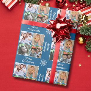Papel De Presente Feliz Natal 4 Colagem de Fotos Nome da Família Azu
