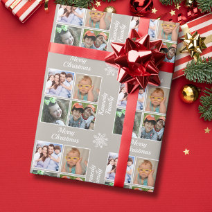 Papel De Presente Feliz Natal 4 Colagem de Fotos Nome da Família Beg