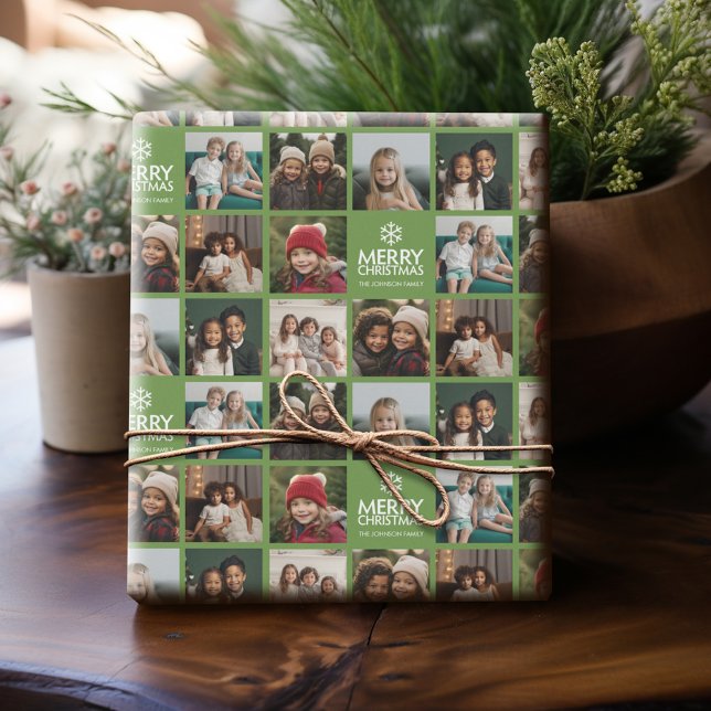 Papel De Presente Feliz Natal 8 Foto Collage Avocado Green (Personalized Photo Wrapping Paper)