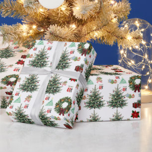 Papel De Presente Feliz Natal Árvore Repetitiva Grinalda Poinsettia