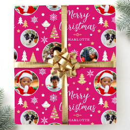 Papel De Presente Feliz Natal Árvores Festivas Nome Fotográfico Rosa